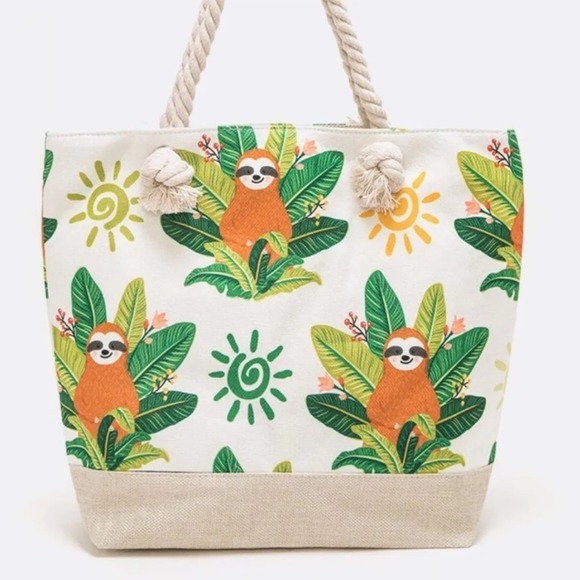 Boutique Handbags - Tropical Sloth Print Canvas Tote Bag with Zipper Closure